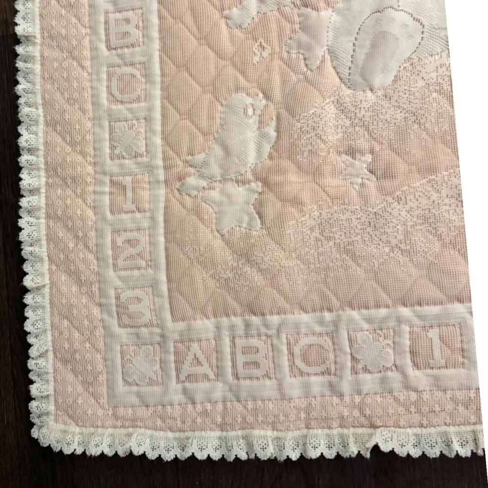 Vintage Handmade Baby Quilt Pink Bunny Rabbit ABC 123 Lace Trim Blanket 36 X 44